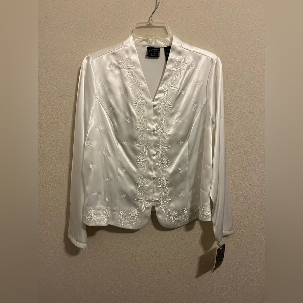 NWT Laura Scott Satin Long Sleeve Blouse w/ Embroidery & Beading Sz 14 Petite